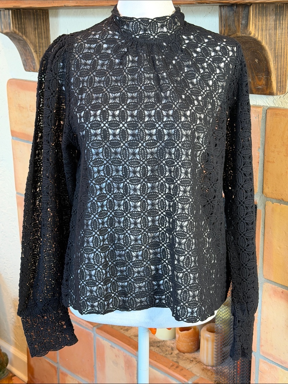 Mango Black Crochet/Lace Mock-Neck Blouse, size S